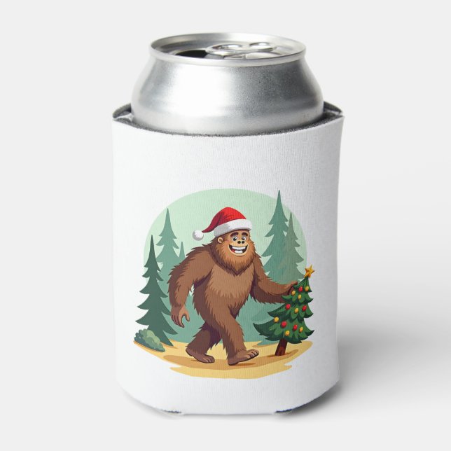 Bigfoot Christmas Tree Santa Hat (3) Can Cooler (Can Front)