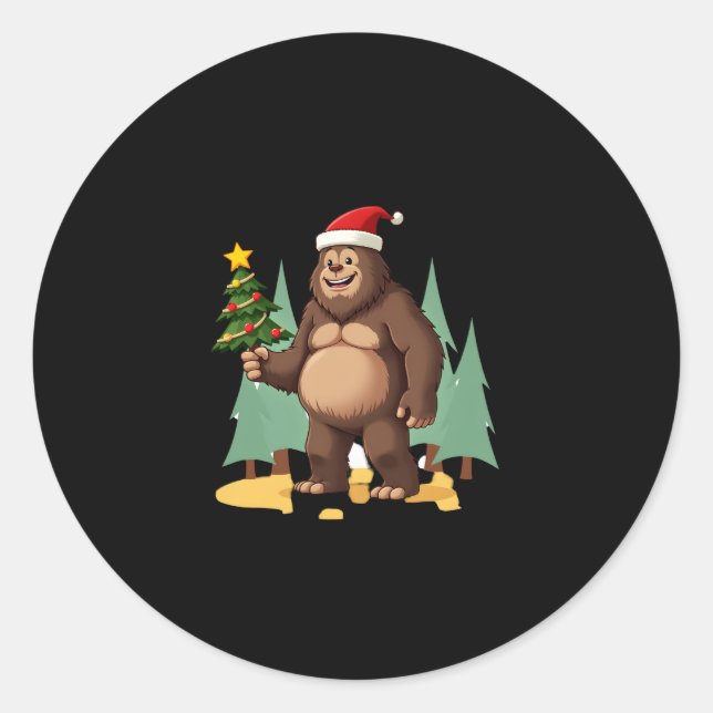 Bigfoot Christmas Tree Santa Hat (3) Classic Round Sticker (Front)