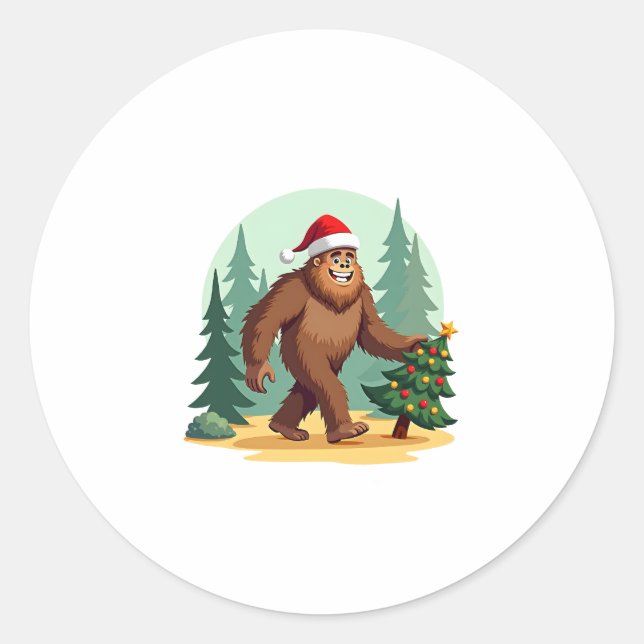 Bigfoot Christmas Tree Santa Hat (3) Classic Round Sticker (Front)