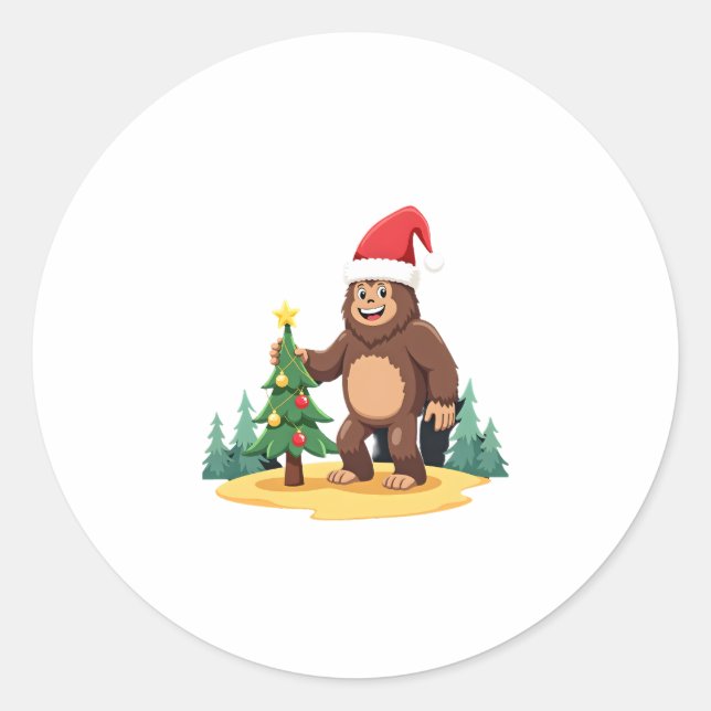 Bigfoot Christmas Tree Santa Hat (3) Classic Round Sticker (Front)