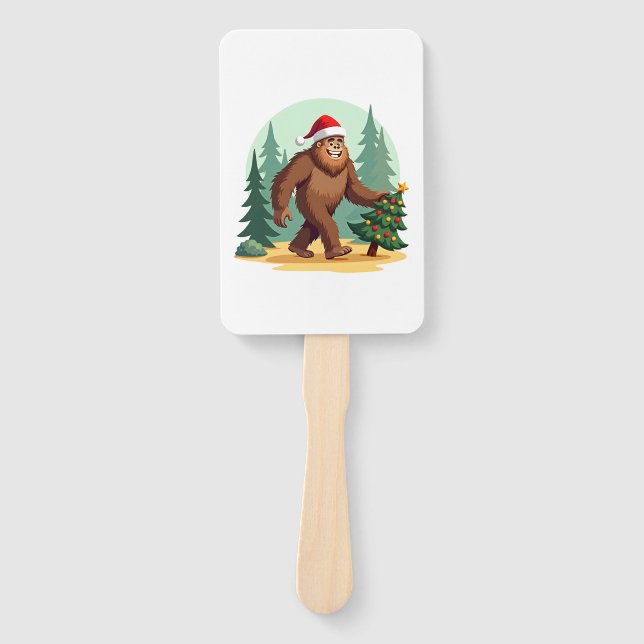 Bigfoot Christmas Tree Santa Hat (3) Hand Fan (Front)