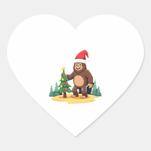 Bigfoot Christmas Tree Santa Hat (3) Heart Sticker (Front)