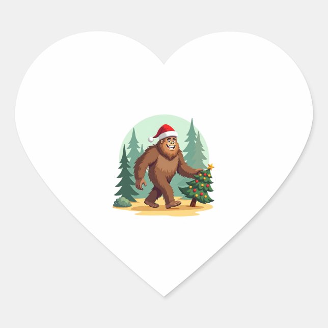 Bigfoot Christmas Tree Santa Hat (3) Heart Sticker (Front)