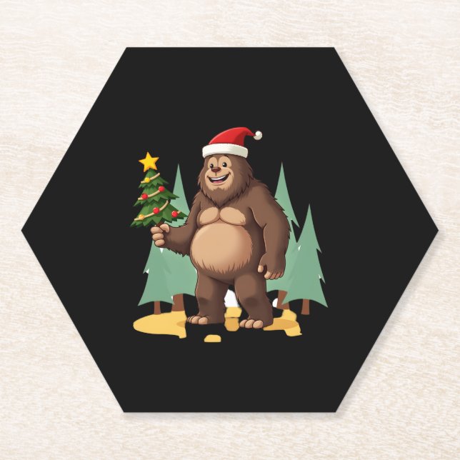 Bigfoot Christmas Tree Santa Hat (3) Paper Coaster (Front)
