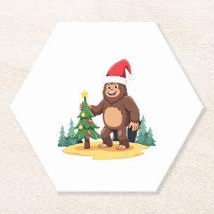 Bigfoot Christmas Tree Santa Hat (3) Paper Coaster