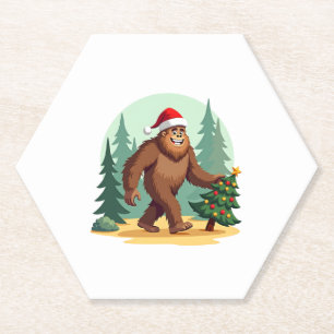 Bigfoot Christmas Tree Santa Hat (3) Paper Coaster