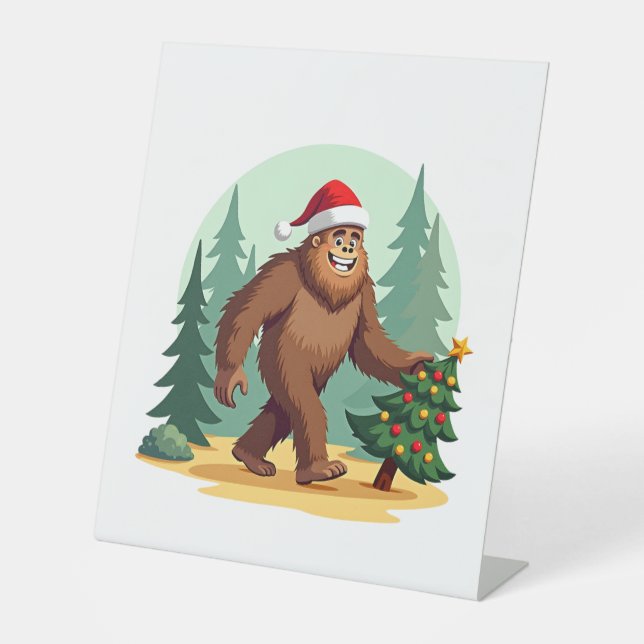 Bigfoot Christmas Tree Santa Hat (3) Pedestal Sign (Front)
