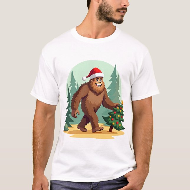 Bigfoot Christmas Tree Santa Hat (3) T-Shirt (Front)