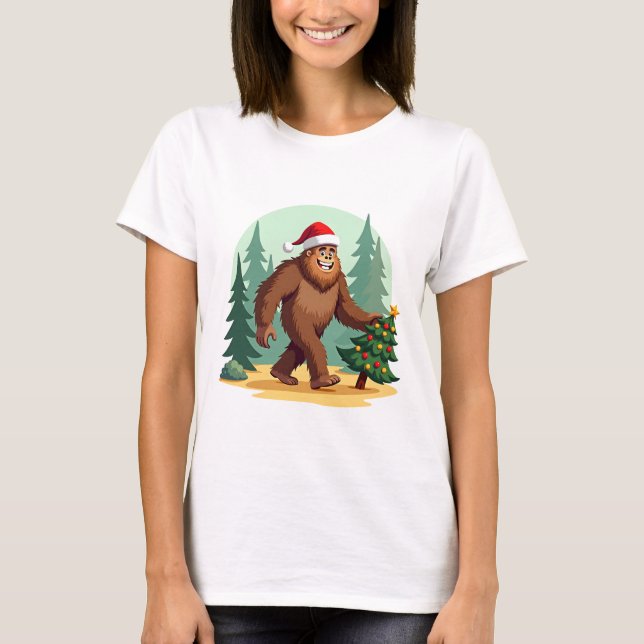Bigfoot Christmas Tree Santa Hat (3) T-Shirt (Front)