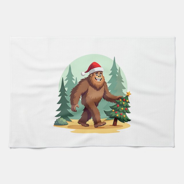 Bigfoot Christmas Tree Santa Hat (3) Tea Towel (Horizontal)