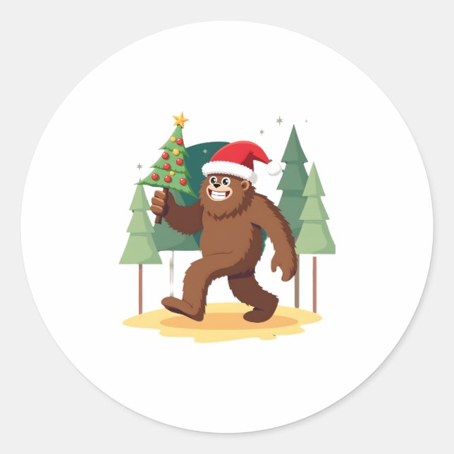Bigfoot Christmas Tree Santa Hat (4) Classic Round Sticker (Front)