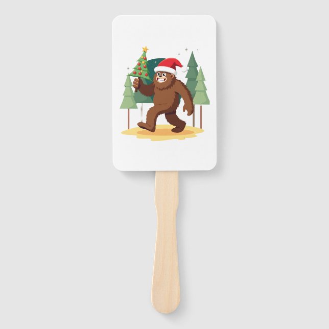 Bigfoot Christmas Tree Santa Hat (4) Hand Fan (Front)