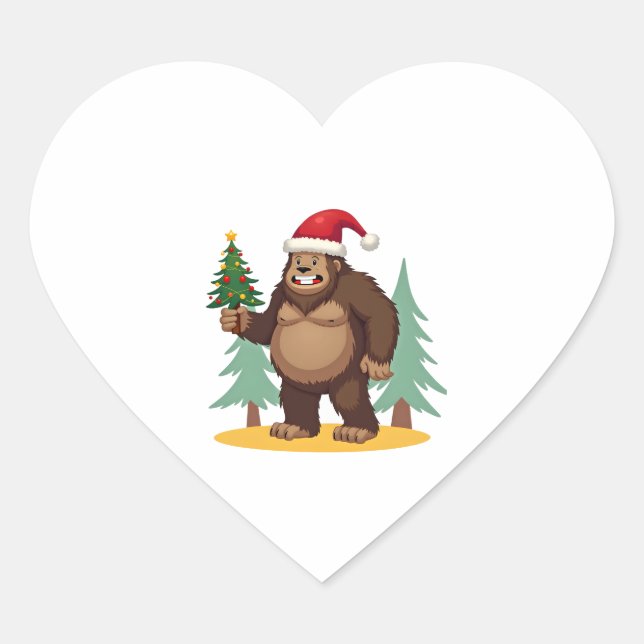 Bigfoot Christmas Tree Santa Hat (4) Heart Sticker (Front)