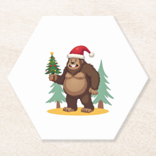 Bigfoot Christmas Tree Santa Hat (4) Paper Coaster