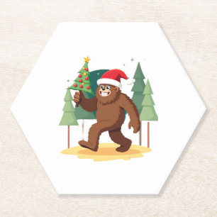 Bigfoot Christmas Tree Santa Hat (4) Paper Coaster