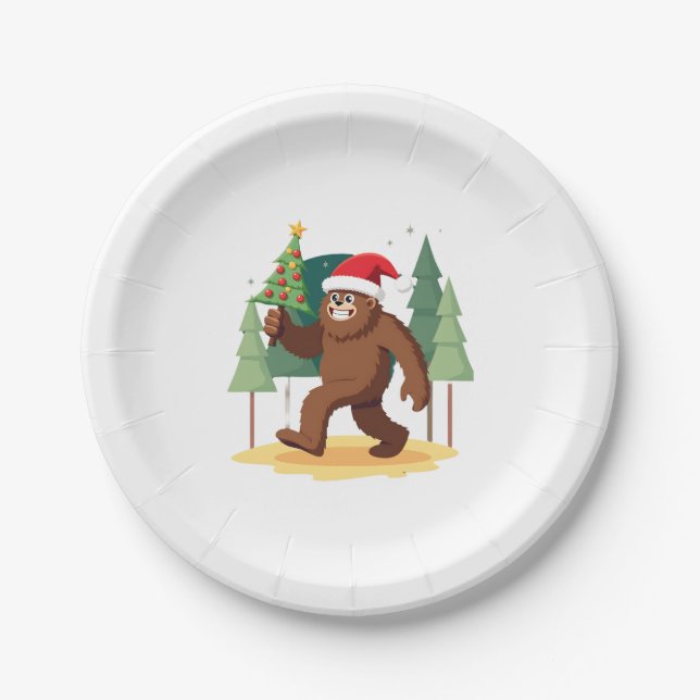Bigfoot Christmas Tree Santa Hat (4) Paper Plate (Front)