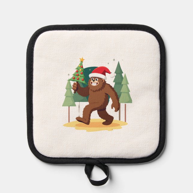 Bigfoot Christmas Tree Santa Hat (4) Pot Holder (Front)