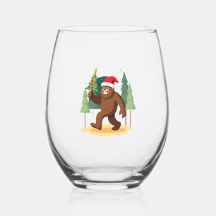 Bigfoot Christmas Tree Santa Hat (4) Stemless Wine Glass