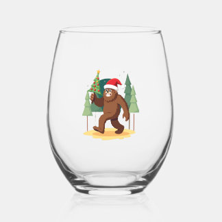 Bigfoot Christmas Tree Santa Hat (4) Stemless Wine Glass