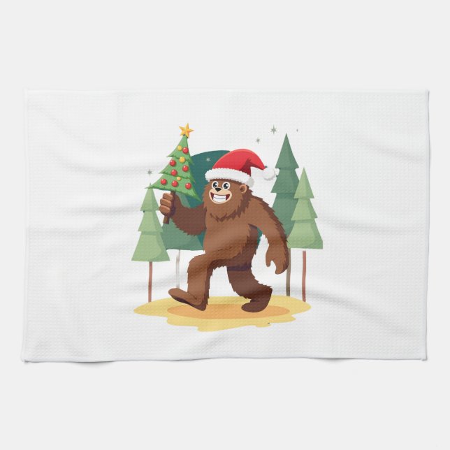 Bigfoot Christmas Tree Santa Hat (4) Tea Towel (Horizontal)