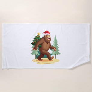 Bigfoot Christmas Tree Santa Hat (5) Beach Towel