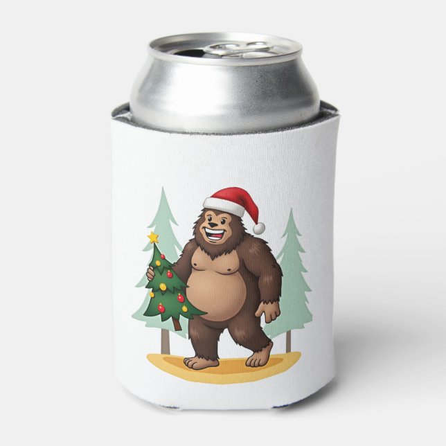 Bigfoot Christmas Tree Santa Hat (5) Can Cooler (Can Front)