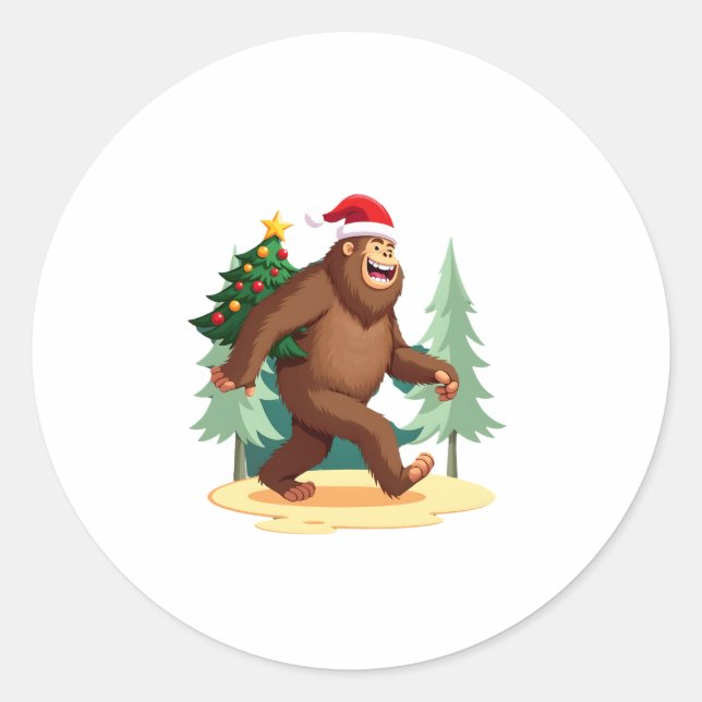 Bigfoot Christmas Tree Santa Hat (5) Classic Round Sticker (Front)