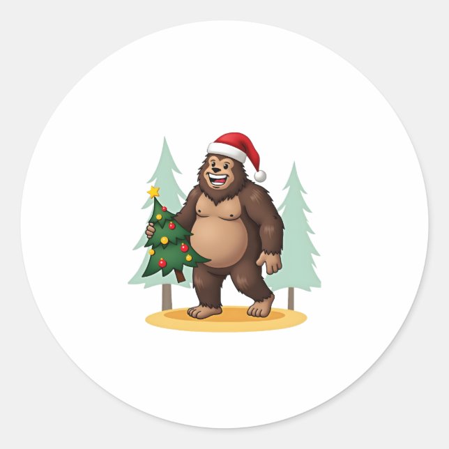 Bigfoot Christmas Tree Santa Hat (5) Classic Round Sticker (Front)