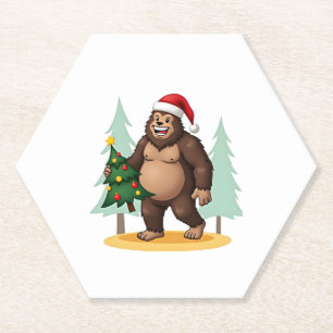 Bigfoot Christmas Tree Santa Hat (5) Paper Coaster