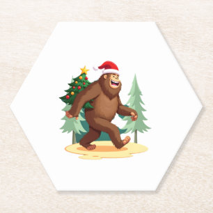 Bigfoot Christmas Tree Santa Hat (5) Paper Coaster