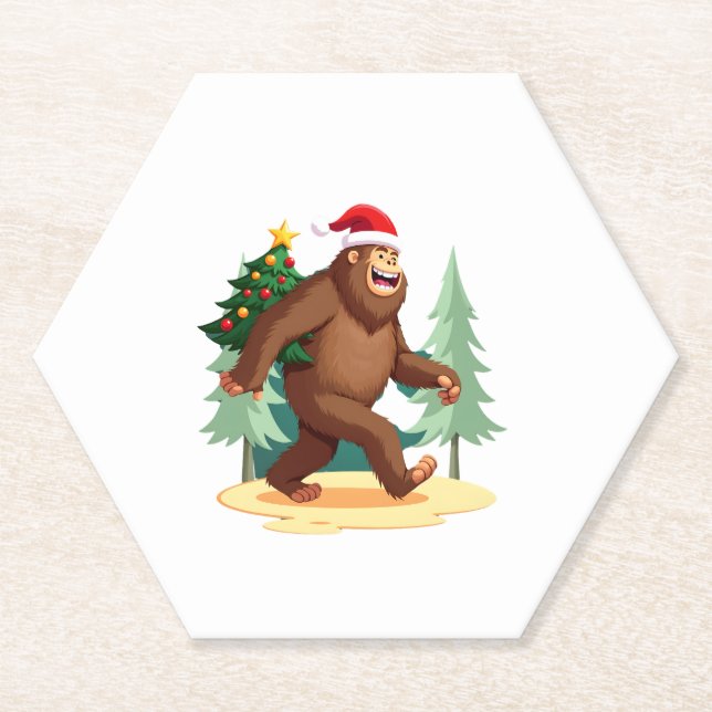 Bigfoot Christmas Tree Santa Hat (5) Paper Coaster (Front)
