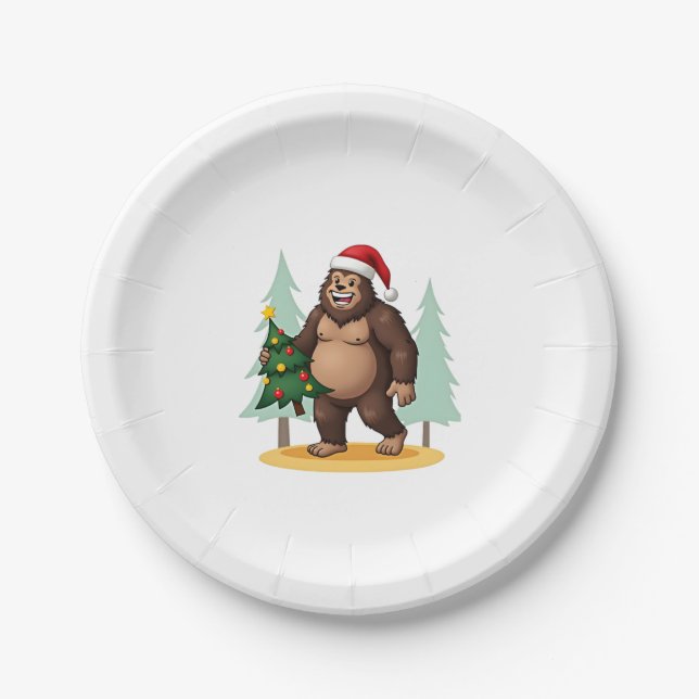 Bigfoot Christmas Tree Santa Hat (5) Paper Plate (Front)