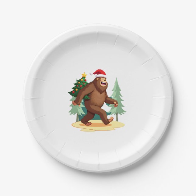 Bigfoot Christmas Tree Santa Hat (5) Paper Plate (Front)