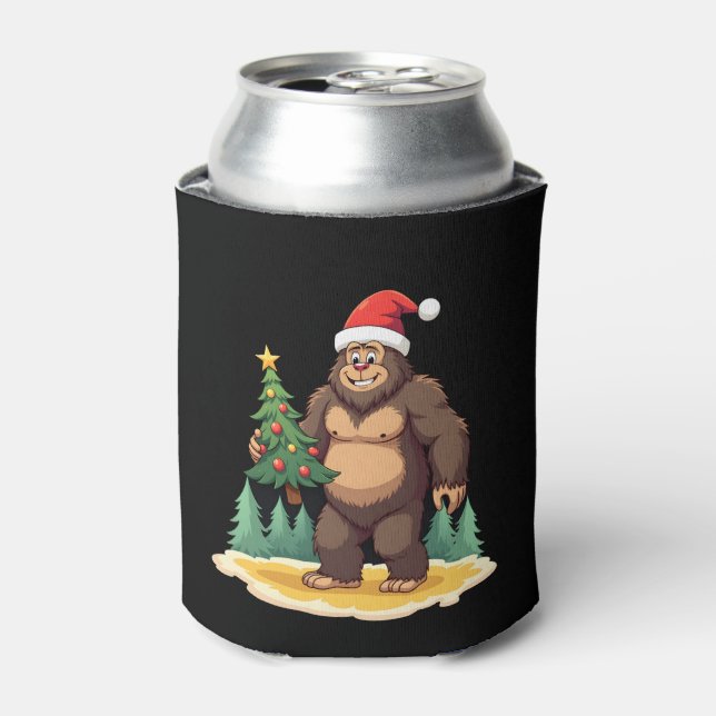 Bigfoot Christmas Tree Santa Hat Can Cooler (Can Front)