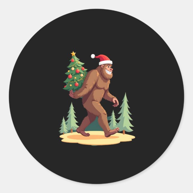 Bigfoot Christmas Tree Santa Hat Classic Round Sticker (Front)