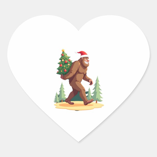 Bigfoot Christmas Tree Santa Hat Heart Sticker (Front)