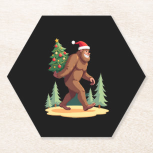 Bigfoot Christmas Tree Santa Hat Paper Coaster
