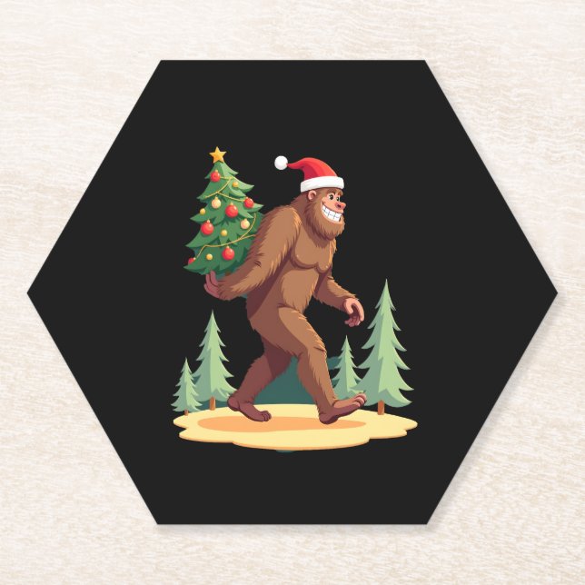 Bigfoot Christmas Tree Santa Hat Paper Coaster (Front)