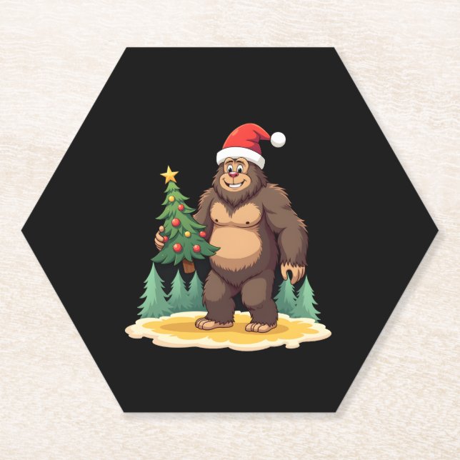 Bigfoot Christmas Tree Santa Hat Paper Coaster (Front)