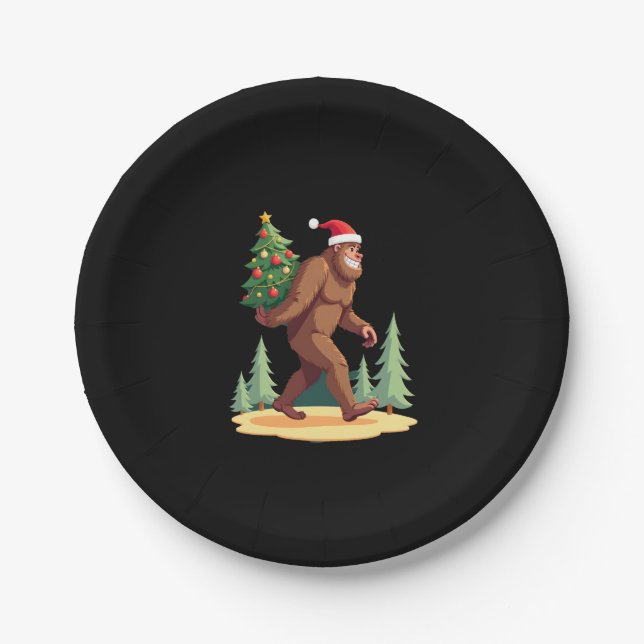 Bigfoot Christmas Tree Santa Hat Paper Plate (Front)