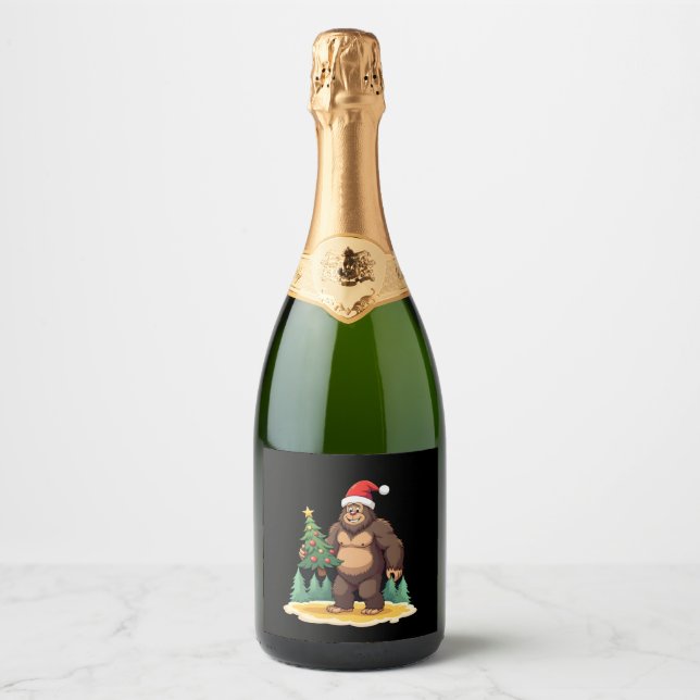 Bigfoot Christmas Tree Santa Hat Sparkling Wine Label (Front)