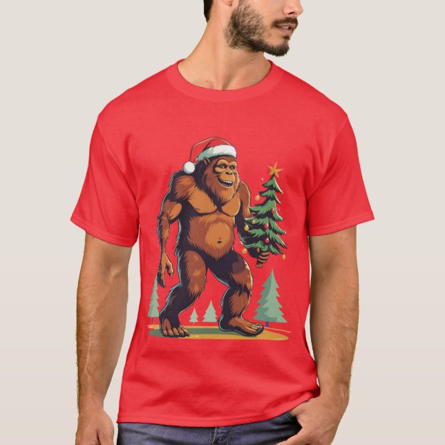 Bigfoot Christmas Tree Santa Hat T-Shirt (Front)