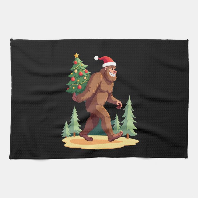 Bigfoot Christmas Tree Santa Hat Tea Towel (Horizontal)