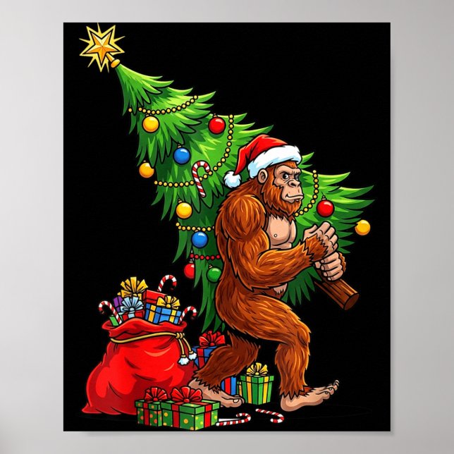 Bigfoot Christmas Tree Xmas Lights Funny Sasquatch Poster (Front)