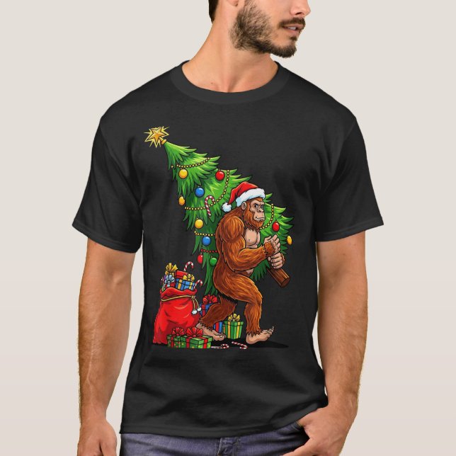 Bigfoot Christmas Tree Xmas Lights Funny Sasquatch T-Shirt (Front)