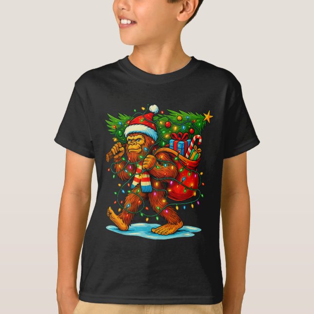 Bigfoot Christmas Tree Xmas Sasquatch Funny Lights T-Shirt (Front)