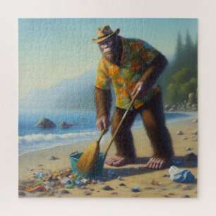 Bigfoot Cleaning Beach Jigsaw Puzzle