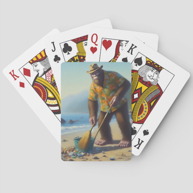 Bigfoot Cleaning Beach Playing Cards (Back)