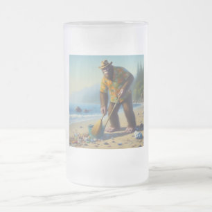 Bigfoot Cleaning the Beach Frosted Glass Beer Mug
