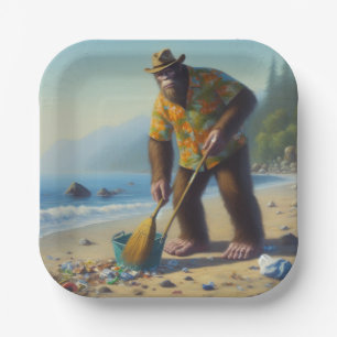 Bigfoot Cleaning the Beach Paper Plate